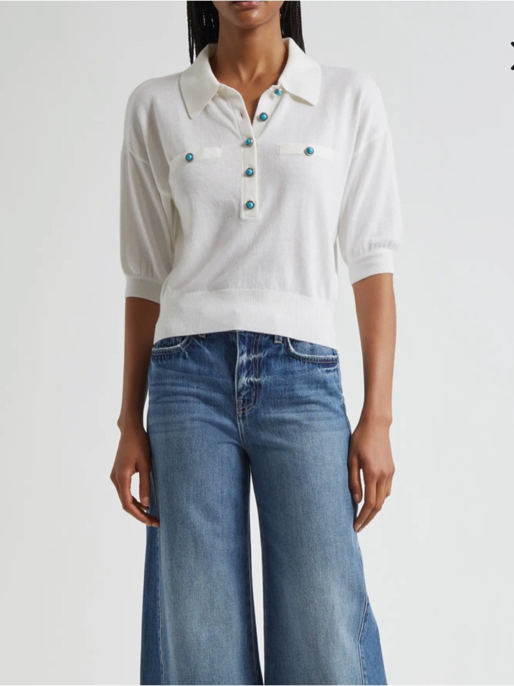 L’agence Masaki White Polo Sweater with turquoise buttons size Large - Picture 2 of 9